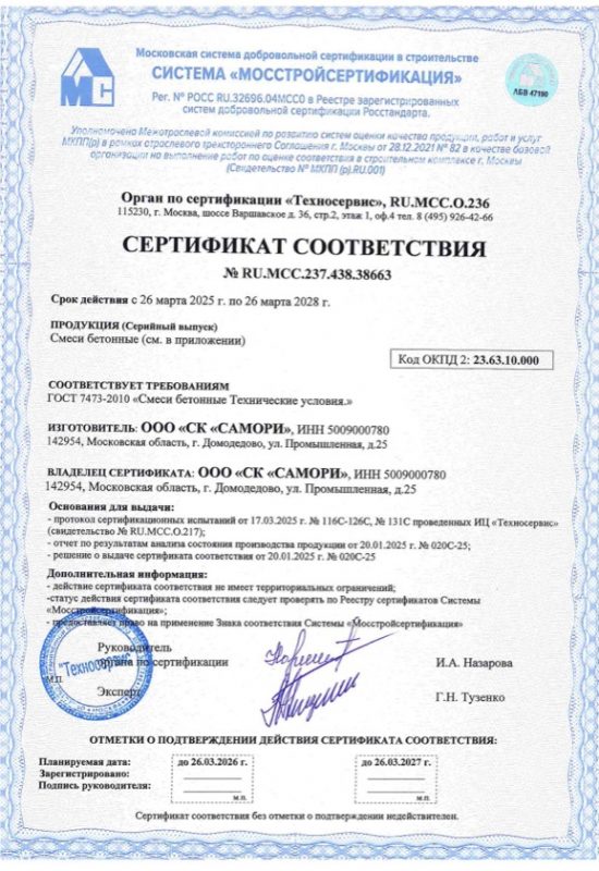 Серт. смеси бетонные 2025